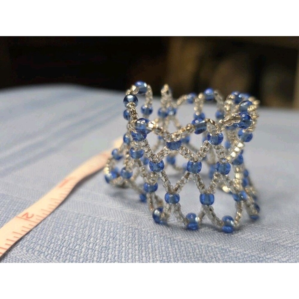 Blue and Clear Beaded Lattice Cuff Bracelet